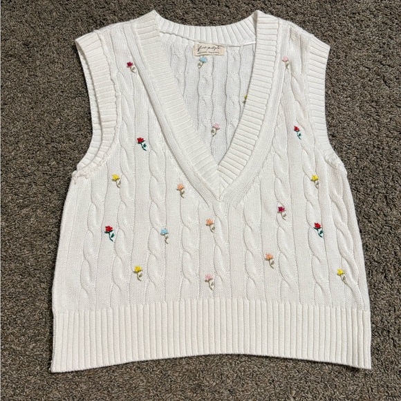 Free People White Knit Top with Blue Floral Accent - Picture 2 of 8